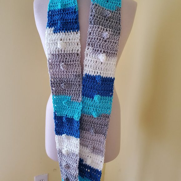 Crochet Popcorn Blue Skinny Scarf/New - Picture 5 of 5